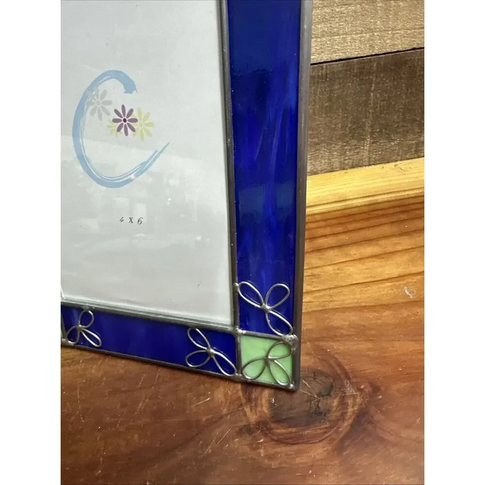 Blue & Green Slag Stained Leaded Glass Frame Holds 4x6” Photo ~ Free Standing
